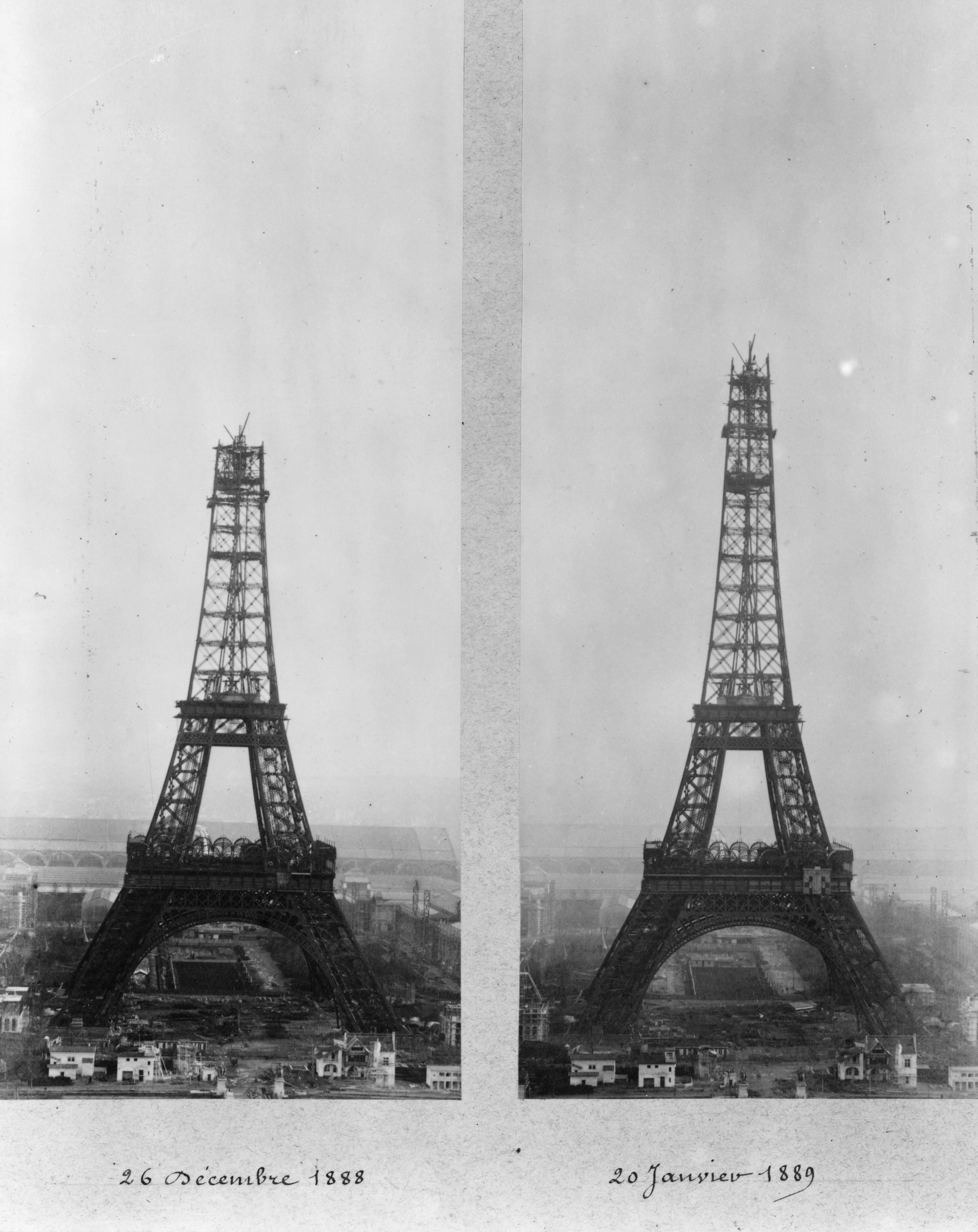 There split images show The Eiffel tower as it nears completion from Dec. 26, 1888 to Jan. 20, 1889.