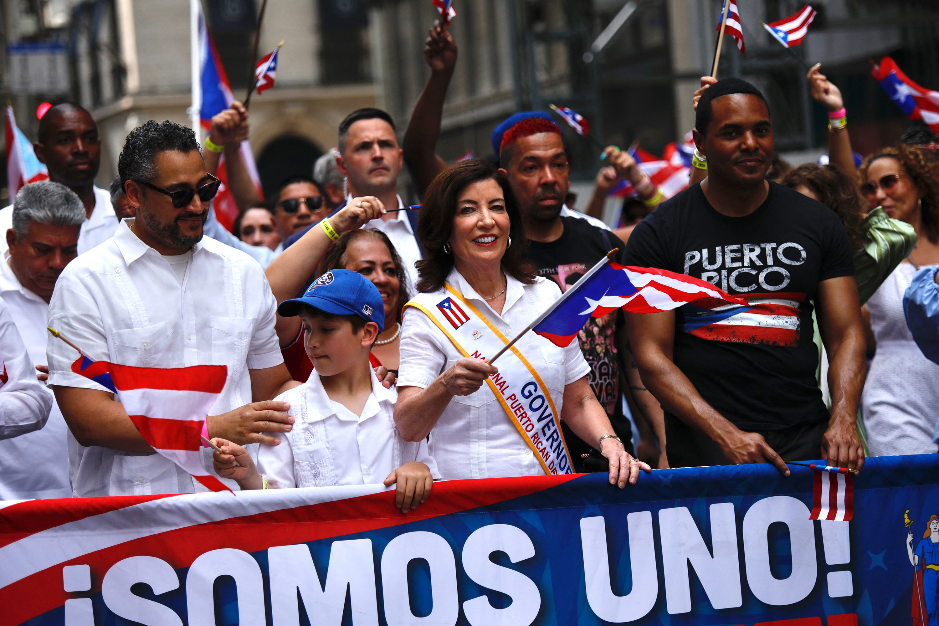New York Governor Kathy Hochul marches in the 66th annual National Puerto Rican Day Parade in New York City on June 11, 2023.
