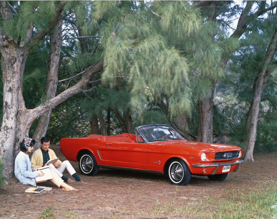 This promotional photo for the 1965 Mustang convertible shows a couple taking a break from driving their awesome car.