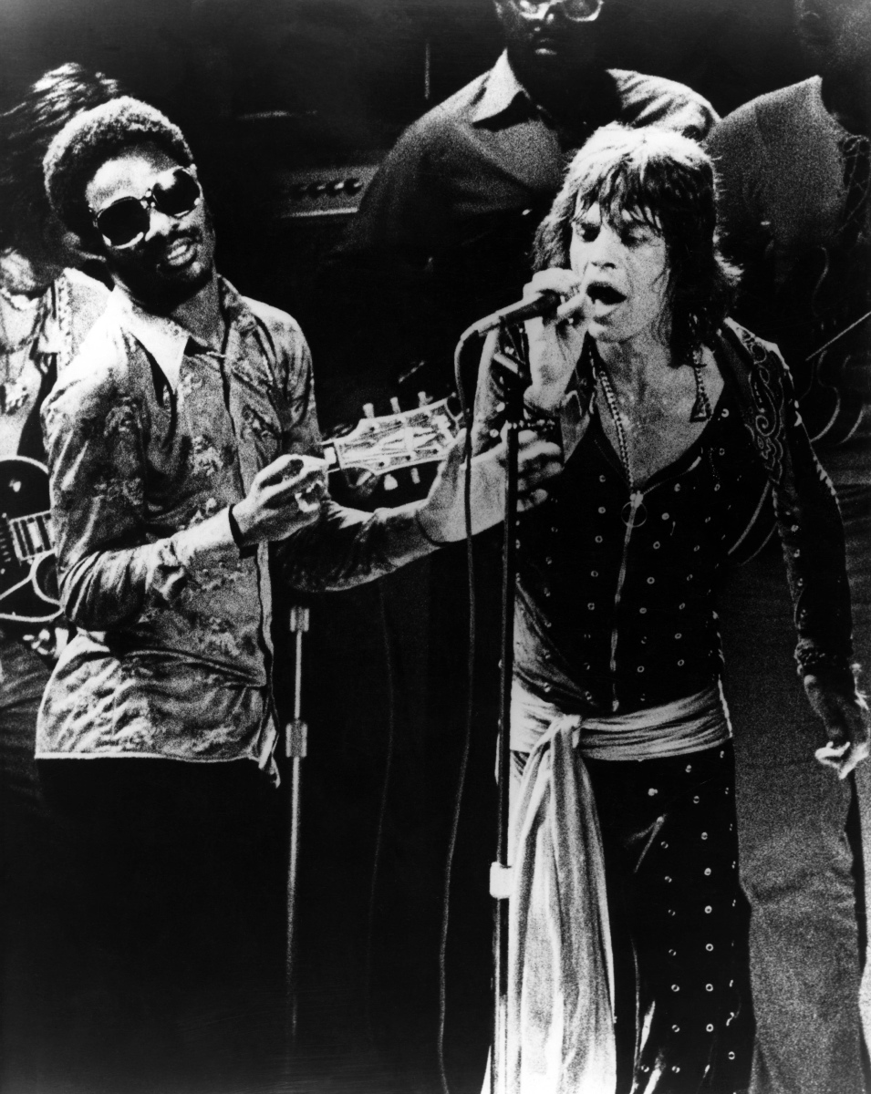Stevie Wonder and The Rolling Stones' Mick Jagger rocked out on the stage during the Rolling Stones American Tour in 1972. Wonder was the supporting act for the tour and a few months later released his album 