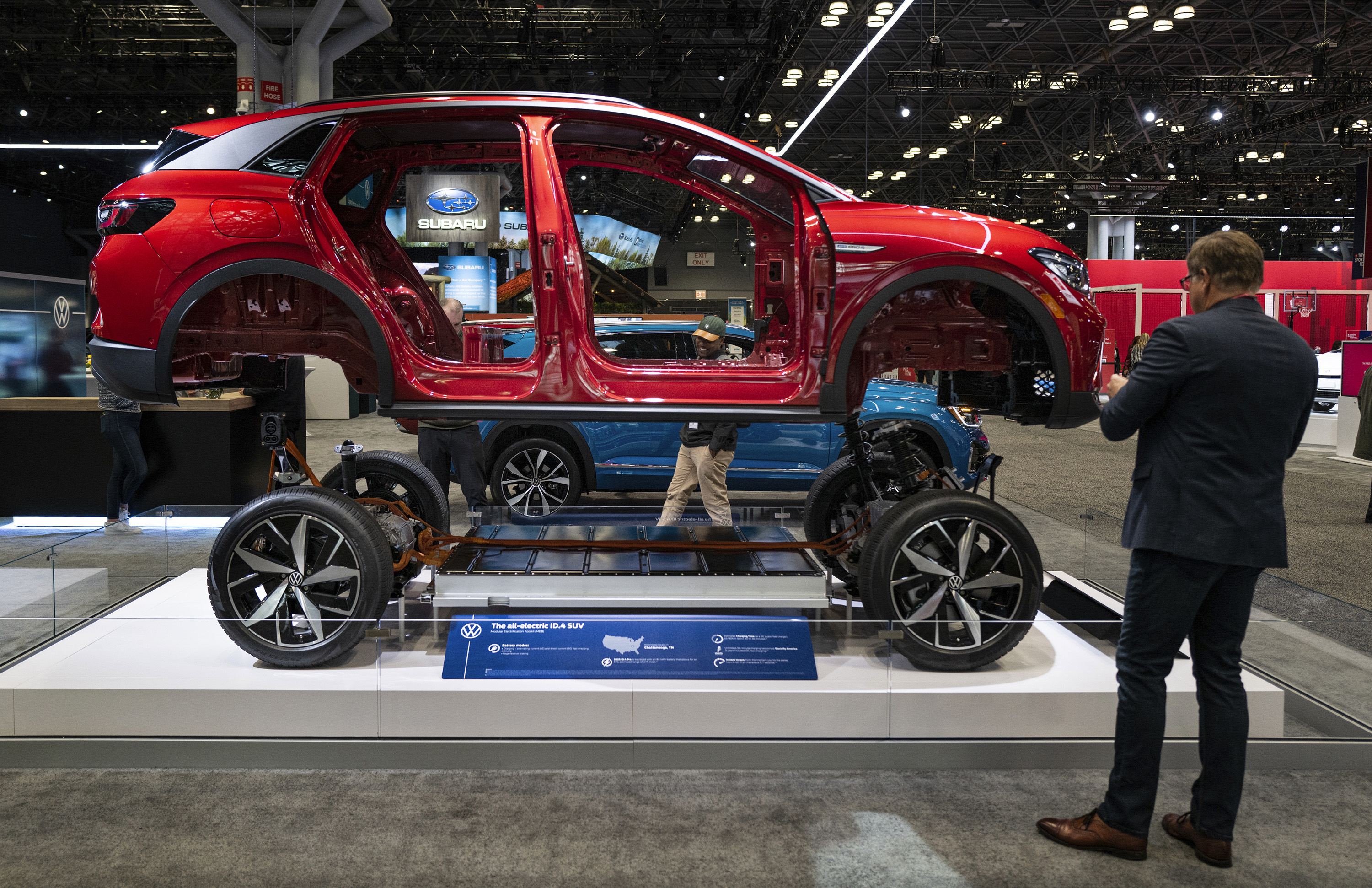 A deconstructed all-electric Volkswagen ID. 4 is displayed at the New York International Auto Show in New York on Wednesday, April 5, 2023.