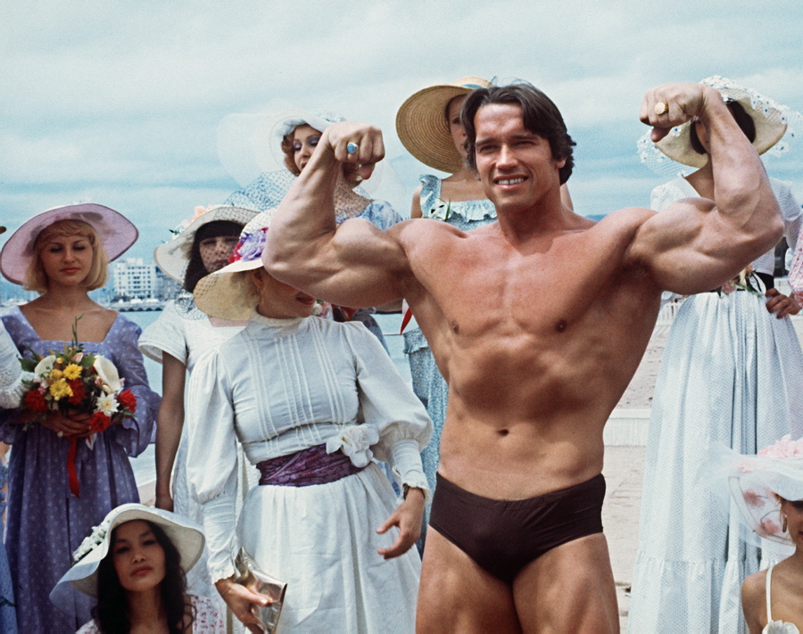 Arnold Schwarzenegger couldn't stop flexing his muscles at Cannes in 1977, where he presented his 
